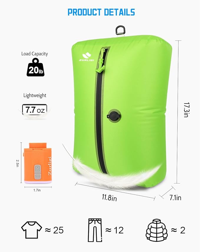 Zurligi Vacuum Compression Bags with Pump for Travel – IPX8 Waterproof Vacuum Packing Cubes, Reusable Carry-On Bags for Clothes, Suitcase & Backpack(2-Pack, Green)