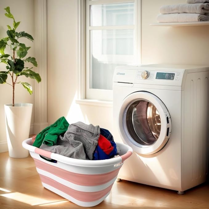 SAMMART 40L (10.5 gallon) Set of 2 Collapsible Plastic Laundry Hamper - Foldable Pop Up Storage Container/Organizer - Portable Washing Tub - Space Saving Basket (2, White/Quartz Pink)