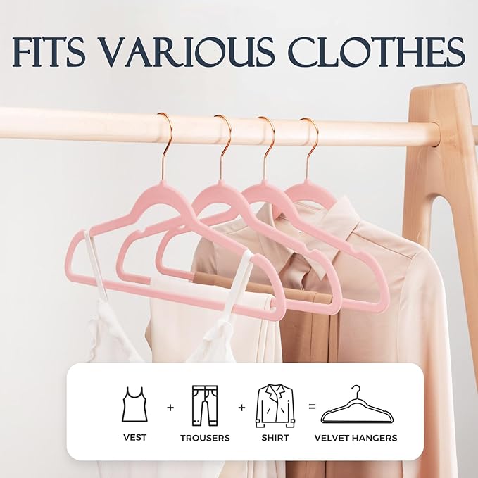 HOUSE DAY Pink Velvet Hangers 120 Pack, Premium Non-Slip Felt Clothes, Sturdy Heavy Duty Coat, Durable Hangers for Suits, Space Saving with No Hanger Mark, 360° Swivel Rotating Rose Gold Hook