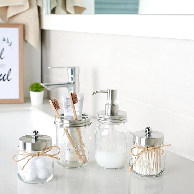 SheeChung Mason Jar Toothbrush Holders, Glass Toothbrush Holders for Bathroom, Bathroom Essentials, Mason Jar Bathroom Accessories Set, Bathroom Countertop Organizer-Brushed Steel