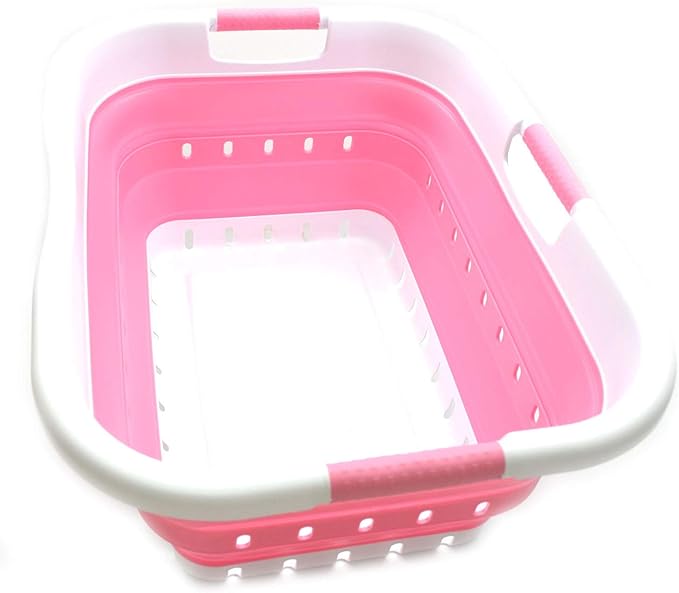 SAMMART 41L Collapsible 3 Handled Plastic Laundry Basket - Foldable Pop Up Storage Container/Organizer - Portable Basket - Space Saving Hamper/Basket (3 handled rectangular, White/Pink)