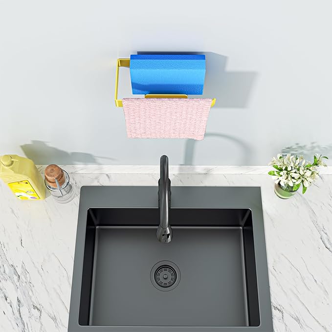 Sponge and Dish Cloth Holder for Kitchen Sink, 2 in 1 Adhesive Sink Dish Sponge Holder, Sinks Caddy Organizer Rack for Storage Sponges Scrubber Glove and Brush, Gold