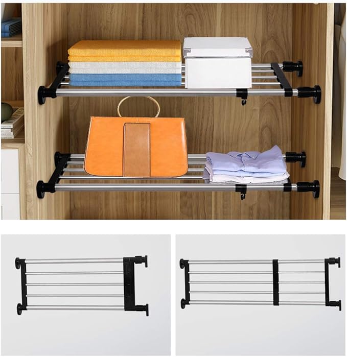 BAOYOUNI Adjustable Shelving Expandable Closet Shelves Tension Rod Clothes Hanger Storage Rack DIY Cabinet Wardrobe Kitchen Bathroom Divider Separator Organizer, Black, 2 Pack