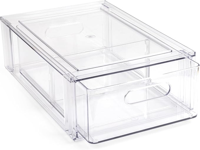 Smart Design Pull-Out Stackable Storage Bin with Removable Dividers - Small - 12.5" D x 8.35" W x 4.13" H - Clear