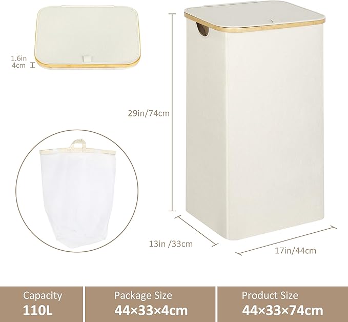 Laundry Basket with Lid, 110L Large Laundry Hamper with Handle and Lid, Collapsible Clothes Basket Organizer with Removable Inner Bag for Clothes Toys Towels - Beige