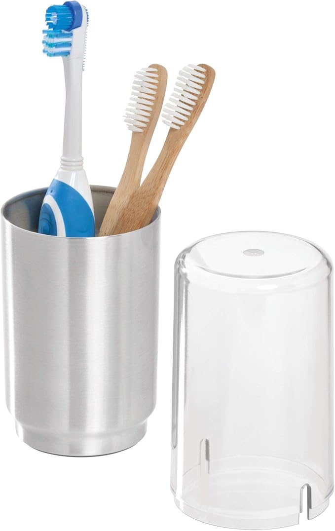 iDesign Austin Metal Covered Holder Stand, Holds Regular and Electric Toothbrushes in Master, Guest, Kid's, College Dorm Bathroom, Brushed