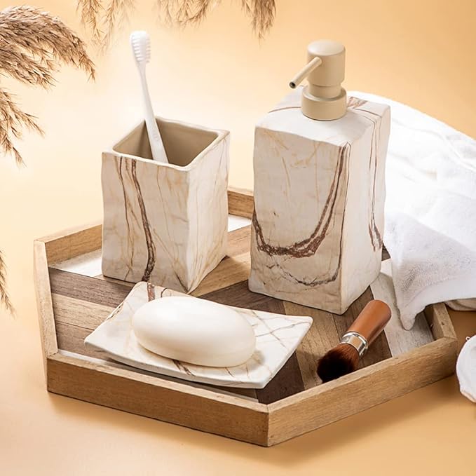 Bathroom Accessories Set 4 Pieces Toothbrush Holder Soap Dispenser Ceramic Bathroom Decor Set Contain Toothbrush Cup Soap Dish Tumbler Marble Brown