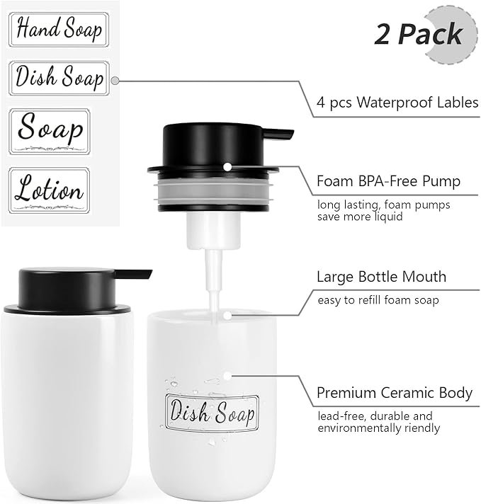BosilunLife Foaming Soap Dispenser Set - White Ceramic Foam Hand Dispenser 12oz Soap Dispenser Set with Rust Proof Pump, 4Pcs Clear Stickers for Kitchen, Bathroom - 2 Pack
