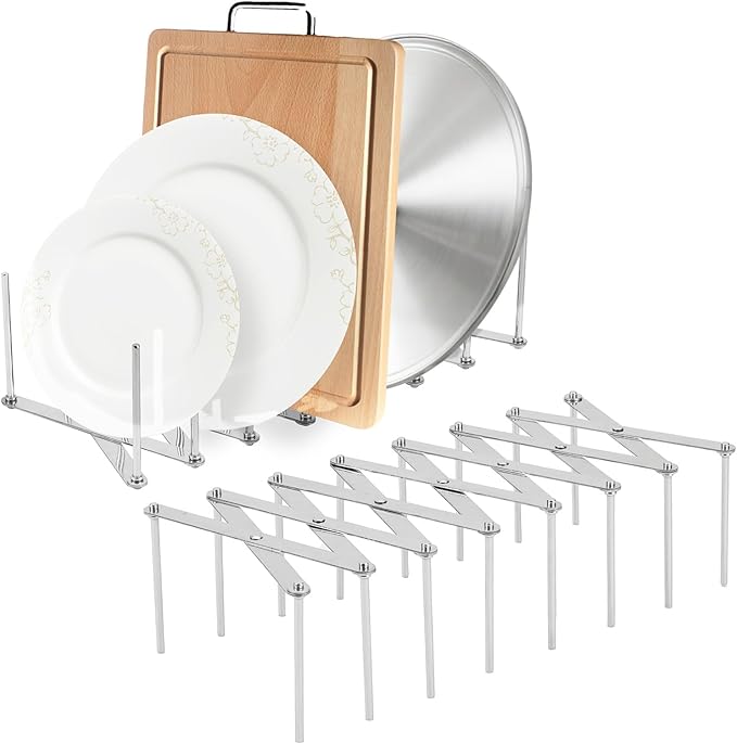 JINGIHE Pots and Pans Organizer, Adjustable Kitchen Cabinet Pantry Organization Storage Rack, Expandable Stainless Steel Holder for Pot Lid Cutting Board Bakeware Dishes Cookware （10-tier）