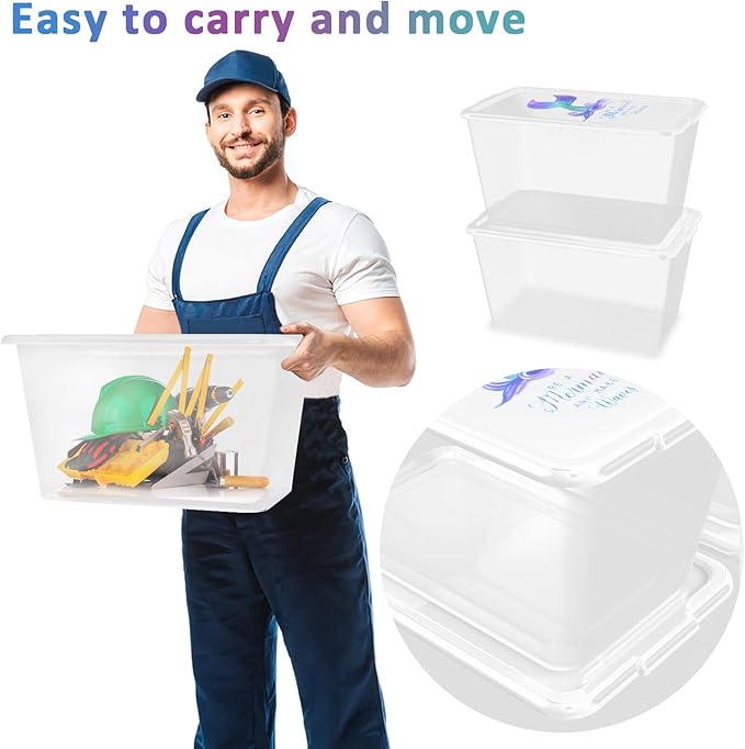 Clear Storage Organizer Bins - 4PC 58QT Heavy-Duty Container Boxes Stackable and Nestable Storage Bins with Mermaid Lids Plastic Large Storage Totes for Home, Office, and Garage