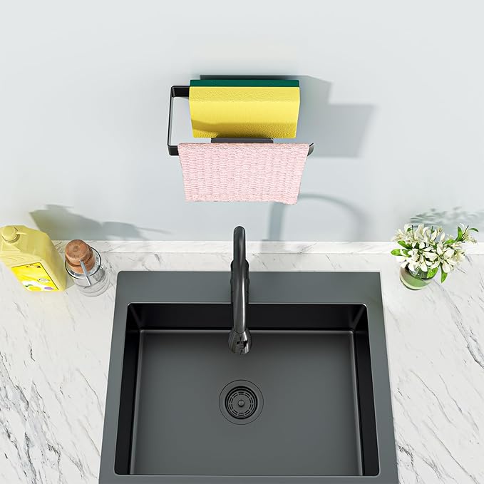 Sponge and Dish Cloth Holder for Kitchen Sink, 2 in 1 Adhesive Sink Dish Sponge Holder, Sinks Caddy Organizer Rack for Storage Sponges Scrubber Glove and Brush, Black