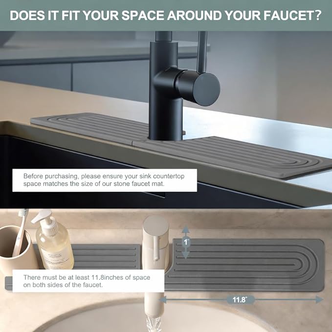 Meiliweser Stone Faucet Mat for Kitchen Sink, Quick Dry Diatomite Sink Splash Guard, Upgraded U-shaped Drying Sink Protectors, Non-Slip Stone Tray for Bathroom Counter (23.6" x 4", Dark Gray)