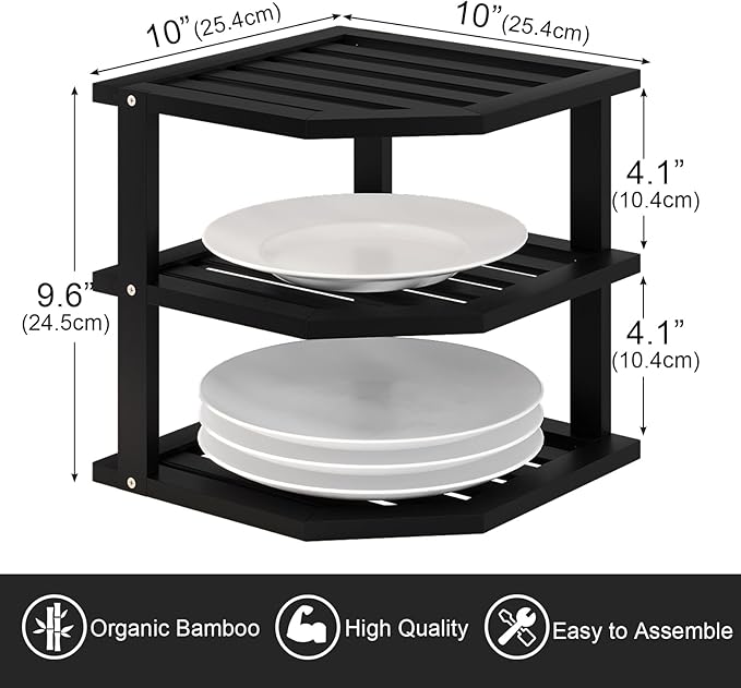 3 Tier Bamboo Corner Shelf(2 Pack),Dish Drying Rack,Plate Organizer,Kitchen Spice Rack for Countertop and Cabinet(Black)