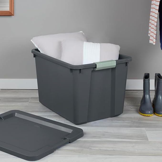 Sterilite 24 Pack 20 Gallon Latch Tote, Stackable Plastic Storage Bin Container, Gray/Green