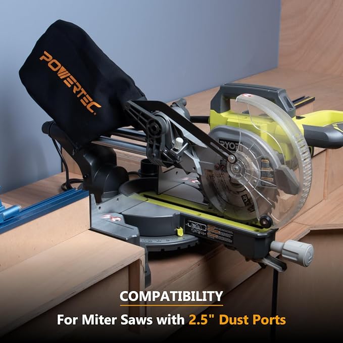 POWERTEC Miter Saw Dust Collector Bag for 10", 12" Miter Saw, Fits Nominal 2-1/2" Dust Ports, Hook and Loop Dust Bag w/Zipper and Wired Adjustable Stand for Belt Sander (75075)