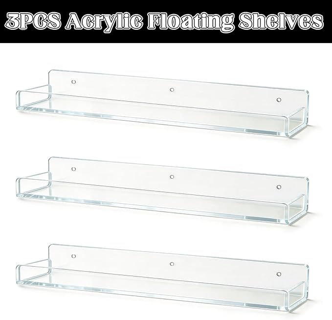 DEDC 3 Pack Shot Glass Display Case for Wall Clear Acrylic Floating Shelves (16.5") for Skincare and Miniatures Secure Kitchen Spice Rack with Side Guard Rails Sleek Wall Holder for Small Bottles
