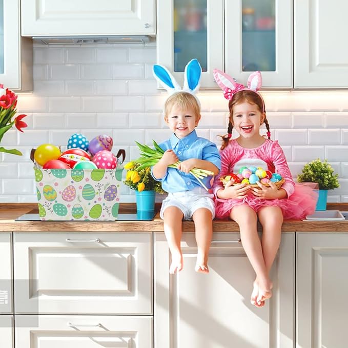 Large ,Empty,Rectangular Colerful Eggs Basket for Boys and Girls Gift,Kids Toy Storage Bin with Hand Painted easter eggs,Baby Room Decor (Easter Basket)