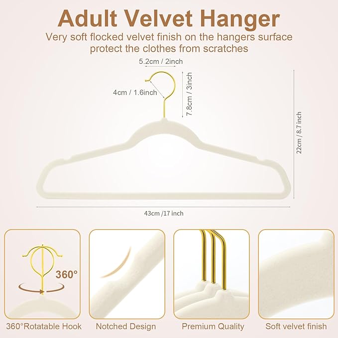 TIMMY 36-Pack Velvet Hangers with Gold Hooks - Space-Saving Non-Slip Heavy-Duty Clothes Hangers for Coats, Suits, Dresses, and Sweaters - Slim Design(Ivory+Gold)