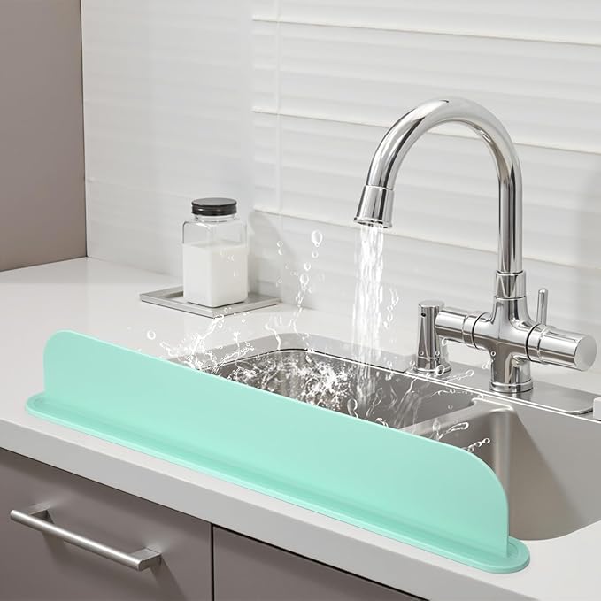 19.29 inch Kitchen Sink Splash Guard, Silicone Sink Baffle Splash Guard, Backsplash Protector for Kitchen Countertop & Bathroom Bathtub with Non-Slip Strong Suction, Mint Green