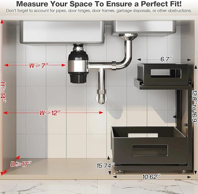 Corbyles 1 Pack 10.8"-14.9" H Under Sink Organizers and Storage Height Adjustable,2-Tier Pull Out Under Cabinet Shelf Organizer,Multi-Use Slide Out Drawer for Bathroom Kitchen Laundry-Black