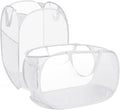 2 Pcs Durable Collapsible Laundry Baskets - Reinforced Mesh Pop Up Laundry Hamper with Pocket, Foldable Dirty Clothes Hamper with Carry Handles for Laundry, Bathroom, Kids Room, Dorm or Travel White