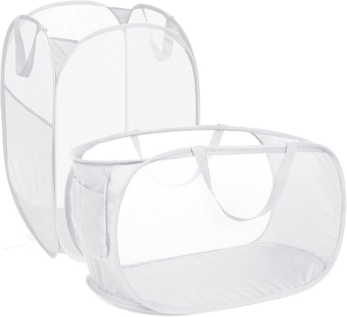 2 Pcs Durable Collapsible Laundry Baskets - Reinforced Mesh Pop Up Laundry Hamper with Pocket, Foldable Dirty Clothes Hamper with Carry Handles for Laundry, Bathroom, Kids Room, Dorm or Travel White