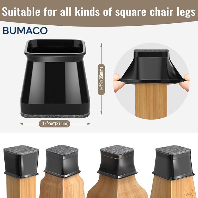 BUMACO Chair Leg Floor Protectors Square Chair Leg Protectors for Hardwood Floors 20Pcs Silicone Covers to Protect Floors Square (Black-L Fit 1-1/16" to 1-5/8")
