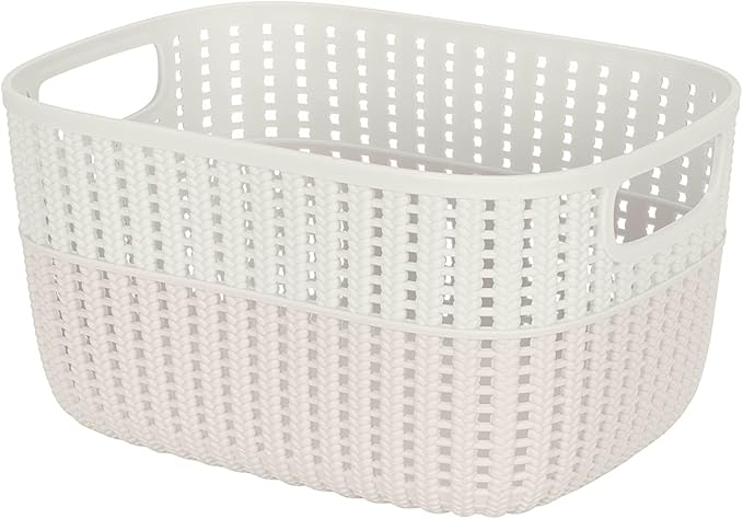 Simplify 2 Pack 2 Tone Sailor Knot Plastic Storage Tote | Decorative Basket | Closet Organization | De-clutter | Accessories | Toys | Bathroom Organization | Medium | Ivory