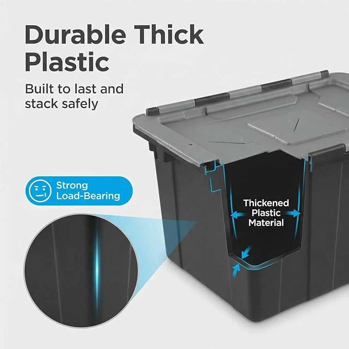 （2-Pack） 48QT Plastic Storage Box with Lid, Large Capacity Lidded, Heavy Duty Container for Home, Office, Warehouse & Business。