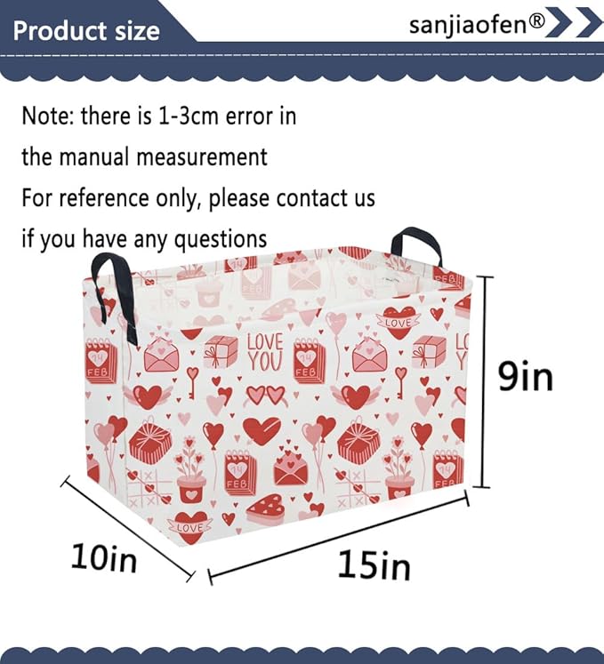 Sanjiaofeng Rectangular Valentine's Day Basket Love Storage Bins,Girls Storage Basket with Handles.Clothers,Books,Kid's Gifts Bins. (Pink envelope)