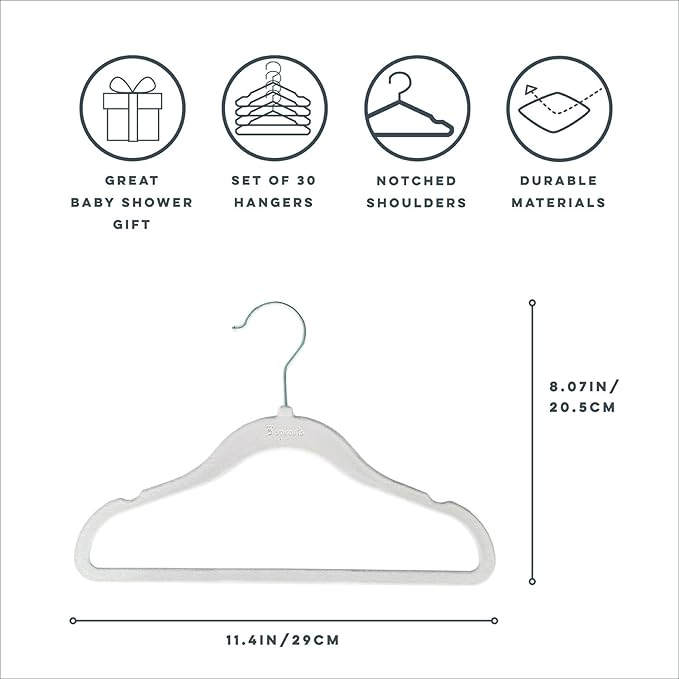 3 Sprouts Velvet Baby Hangers - Non-Slip Hanger for Infant, Toddler, Baby Clothes - Closet Kids Hangers with Slim Design, Nordic Colors, Pack of 30 - Gray