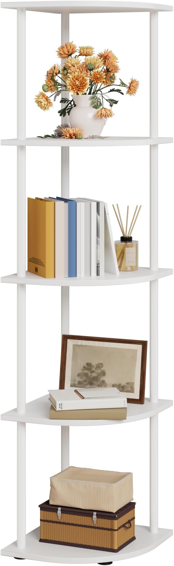 Corner Shelf - 5-Tier Corner Bookshelf with Wall Anchors & Non-Slip Feet, Corner Shelves with Rustproof Metal Frame for Bedroom, Living Room, Home Office, 11.6"×11.6"×56.2", White