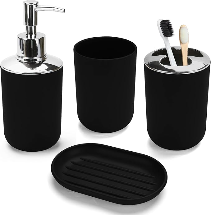 4 Pcs Bathroom Accessories Set,Bohemian Bathroom Toothbrush Holder Set.Include Soap Dispenser, Soap Dish, Toothbrush Holder, Mouthwash Cup, Modern Bahtroom Decor Set (Black, 4Pcs)