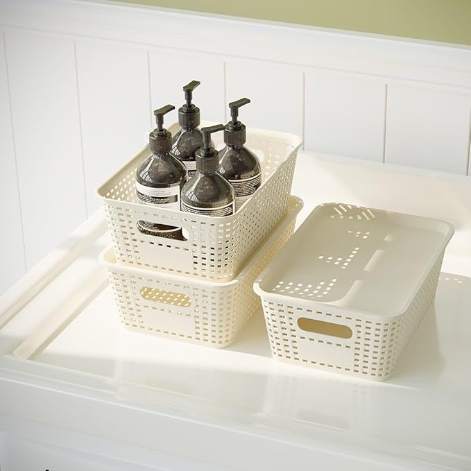 6 Pack Plastic Storage Baskets with Lids, Breathable Stackable Organizer Bins& Containers for Pantry, Desktops, Cabinet, Closet, Offices Organization Toys, Space Saving, Easy-Carry Handles,White