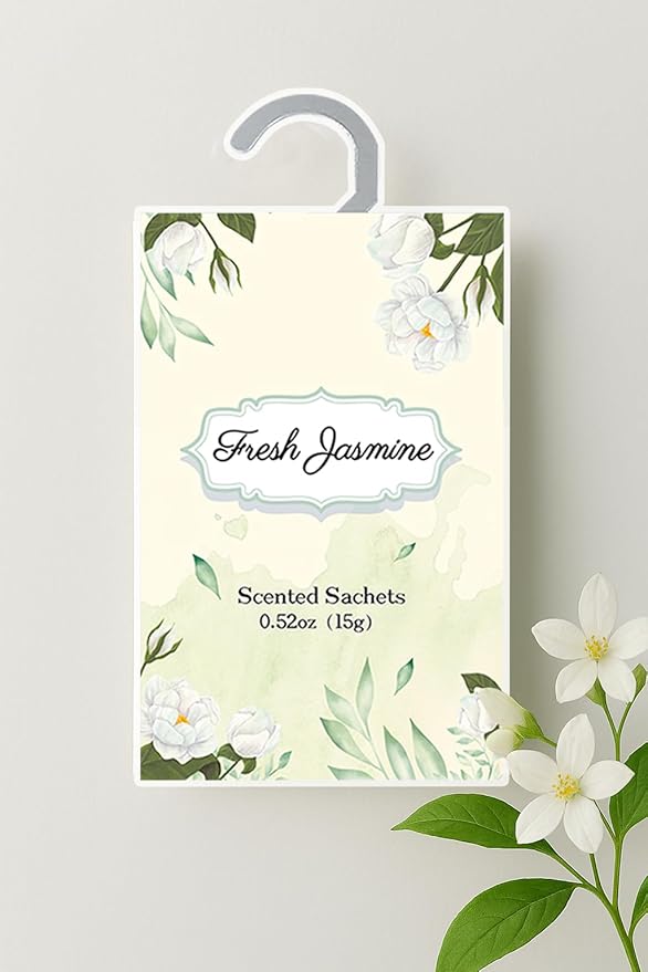 12 Packs Jasmine Hanging Scented Sachets for Drawers and Closets with Retractable Hook| Long-Lasting Closet Air Freshener & Closet Deodorizer | Closet Scent Freshener (Jasmine)