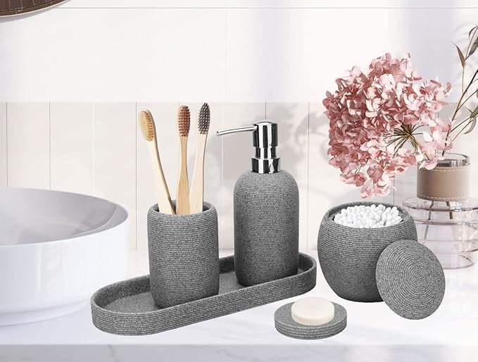 Grey Resin Bathroom Accessory Set, 5 Pcs Bathroom Accessories Set with Lotion Dispenser,Soap Dish,Toothbrush Holder,Vanity Tray,Qtip Holder Dispenser, Modern Bathroom Decor and Housewarming Gift Set