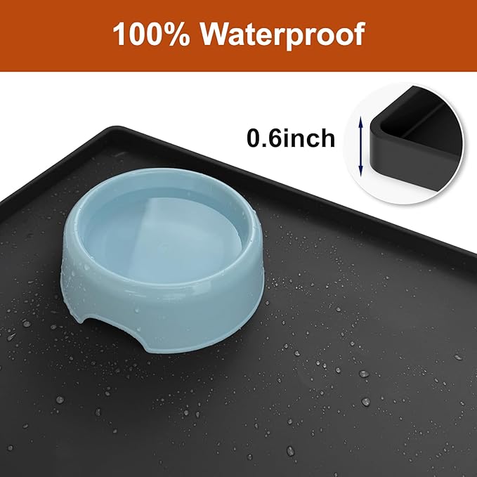 Extra Thick Silicone Mat Waterproof with Raised Edge 19” x 12”, BPA Free Non-Slip Dog & Cat Food Mat, Feeding Mat for Food and Water Bowls, Spill Proof Mat to Protect Floors, Black