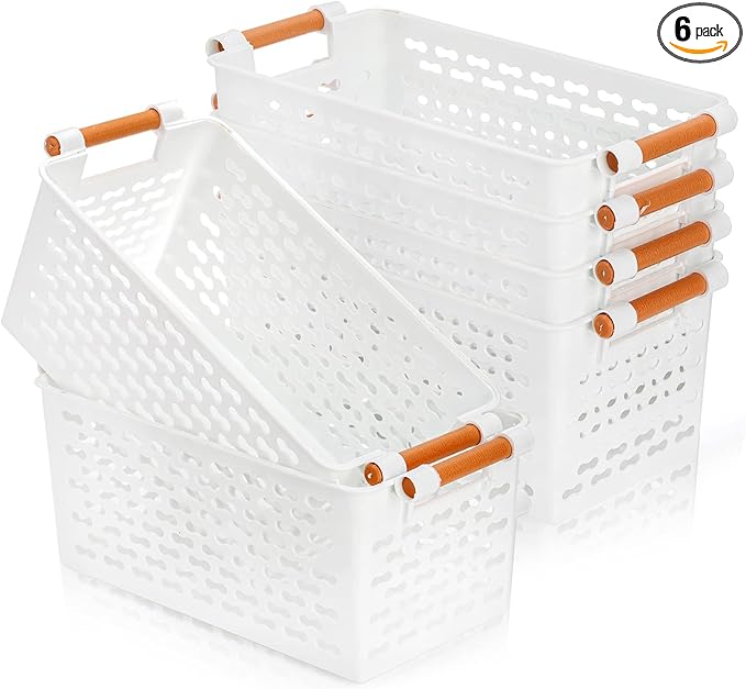 Yesland 6 Pack Plastic Storage Basket, White Organizing Bins Basket with Handles, Sturdy Plastic Closet Baskets Containers for CD, Small Closet Storage in Home Office - 12 x 6 x 5 Inches