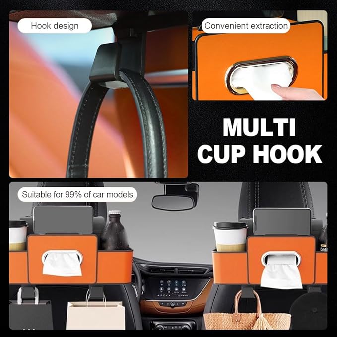 3-in-1 Car Backseat Organizer – Keep Your Ride Clean & Organized! Tissue Box, Trash Bin & Hooks,Multifunctional Back Seat Car Organizer for Hold Phones, Snacks, Drinks, and Handbags (White)
