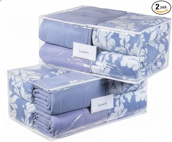 Masirs Clear Blanket Storage Bag (2-Pack) - Vinyl Clothing Organizers with Zipper & Label Pocket - Protects from Dust, Moisture & Dirt - Ideal for Underbed Storage Sheets, Comforters & Bedding