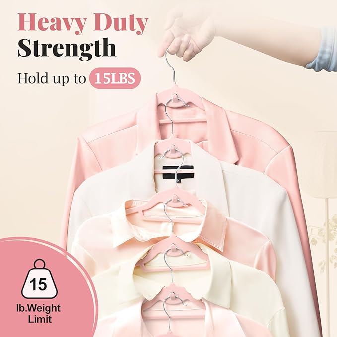 Velvet Hangers 50 Pack, S-Shaped and Stackable Non Slip with 360°Swivel Hook, Ultra Thin and Space Saving Flocked, for Suits, Shirts, Coats, 15Lbs Capacity Heavy Duty, Pink