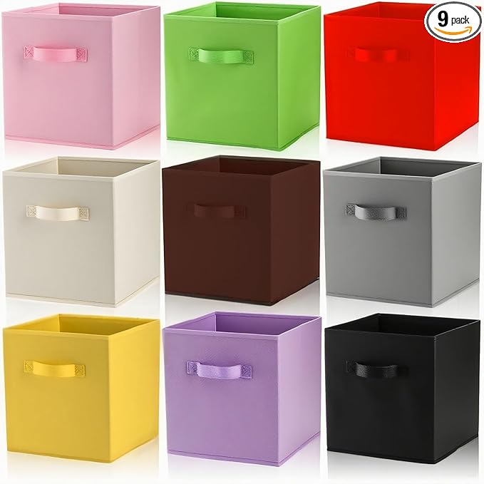 9 Pack Cube Storage Bins, 11 Inch Collapsible Fabric Storage Baskets, Multi Colored Storage Cubes with Handles, Foldable Cube Drawer for Home, Closet, Shelves, Toys Organization