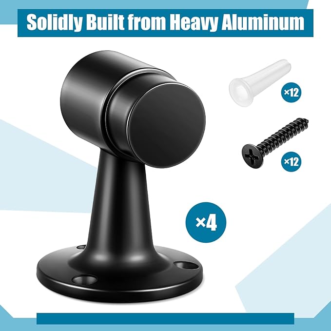 4 Pack Heavy Duty Floor Mounted Door Stop 3 in Aluminum Commercial Grade Door Stopper with Rubber Bumper & Stainless Steel Screws (Black)