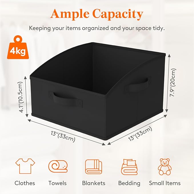Lifewit Trapezoid Closet Storage Bins for Shelf, 6 Packs Non-woven Closet Organizer Baskets with Handles, Foldable Clothes Containers Boxes for Clothing, Book, Purse, 16L, Medium, Black