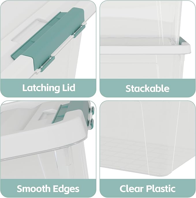 Tyminin 35 Quart Plastic Stackable Storage Container Tote with Secure Latching Lid for Home and Office Organization, Clear Box with White Lid (Pack of 6)