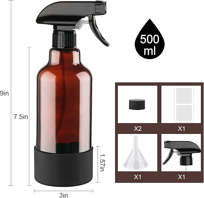 Glass Spray Bottles with Silicone Sleeve, 2 Pack 16 oz Refillable Amber Glass Spray Bottle with Adjustable Spray Nozzles, Empty Bottle Spray for Cleaning Solutions, Hair, Plants (Black+Blue)