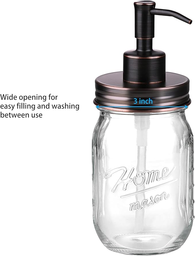 SheeChung 16 Oz Mason Jar Liquid Soap Dispenser, Glass Hand Soap Dispenser, Stainless Steel Pump Lid, Refillable Lotion Dispensers for Bathroom Countertop Kitchen (1, Oil Rubbed Bronze)