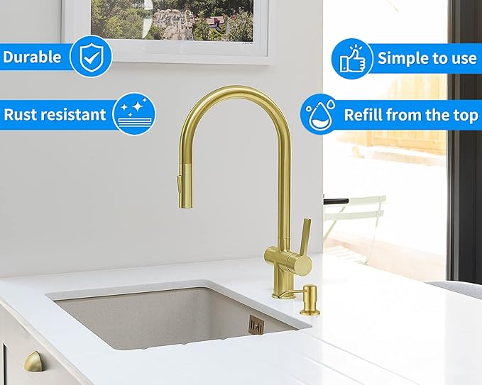 Built in Soap Dispenser for Kitchen Sink, Gold Brushed Stainless Steel Countertop Pump Head, Dish Soap Hand Lotion Dispenser with Refillable 17OZ Bottle