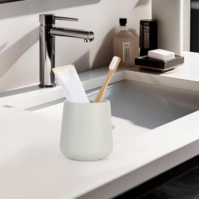 INGOFIN 12 oz Ceramic Toothbrush Holder, Toothpaste Holder and Cup for Bathroom Vanity and Countertop, Organizer for Cosmetic, Makeup, Office Pencils, for Hotel and Apartment, Light Grey