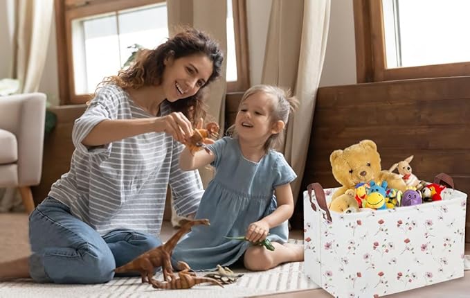 Sanjiaofeng Rectangular Kids Basket Flower Storage Bins,Girls Storage Basket with Handles.Clothers,Books,Kid's Gifts Bins. (Dried flower)